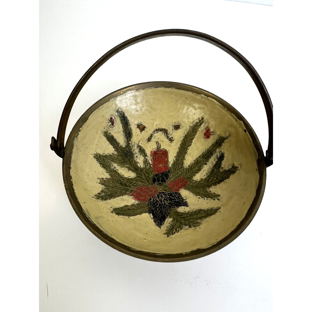 Vintage Brass Cloisonné Handle Bowl Christmas Candle Design Candy Dish Classic